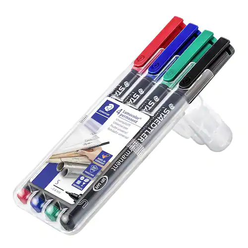 STAEDTLER Lumocolor Universalpenna Lumocolor® 313 permanent, extra tunn spets, röd, blå, grön, svart, 4-pack