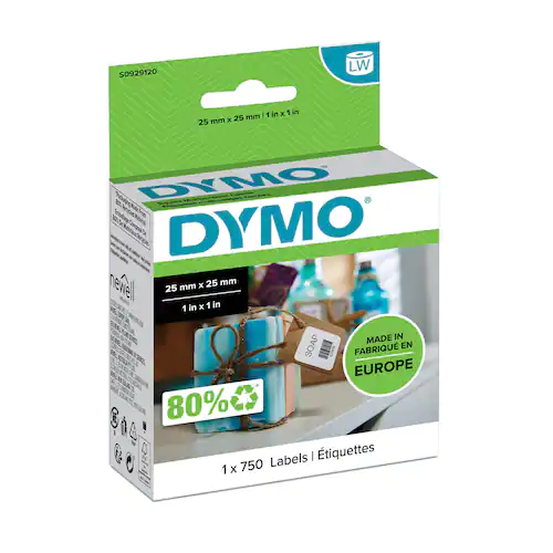 Dymo S0929120 LW Square universaletiketter, svart text på vit botten, 25 x 25 mm