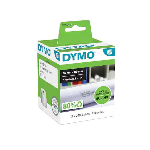 Dymo LW-etiketter, stora adressetiketter, 89x36 mm svart på vit