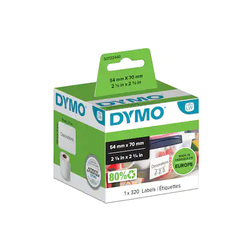Dymo S0720540 LW stora universaletiketter, blå text på vit botten, 70 x 54 mm