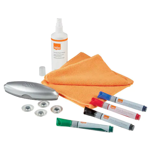 Nobo Startpaket för glaswhiteboard, 4 märkpennor, sudd, rengöringsspray, rengöringsduk