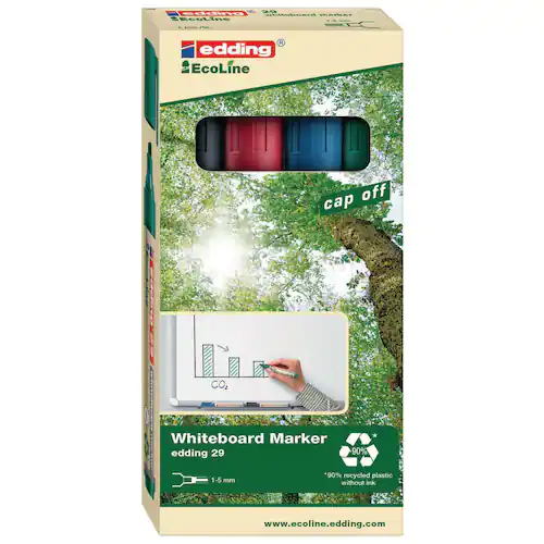 edding Whiteboardpenna, 29 EcoLine, snedskuren spets, 1–5 mm linjebredd, olika färger: Svart, blå, röd, grön, 4-pack