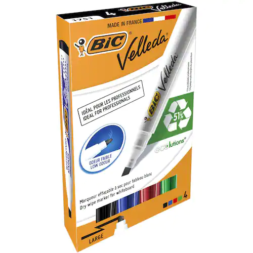 BIC® Whiteboardpenna Velleda® 1751, snedskuren spets, 3,7–5,5 mm linjebredd, olika färger