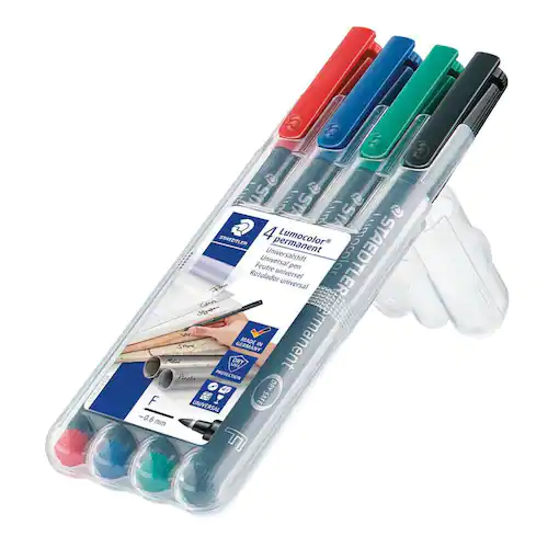 STAEDTLER Lumocolor Universalpenna Lumocolor® 318 permanent, tunn spets, röd, blå, grön, svart, 4-pack