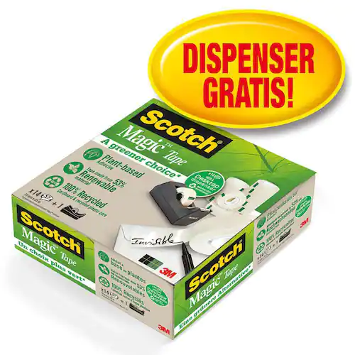 Scotch® C38 skrivbordstejphållare, svart, + Magic™ A Greener Choice-tejp, genomskinlig, 19 mm x 33 m, 14-pack