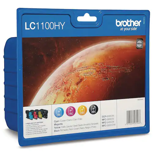 Brother Bläckpatron, LC1100 HY med hög kapacitet, svart, cyan, magenta, gul, multiförpackning, LC1100HYVALBPDR