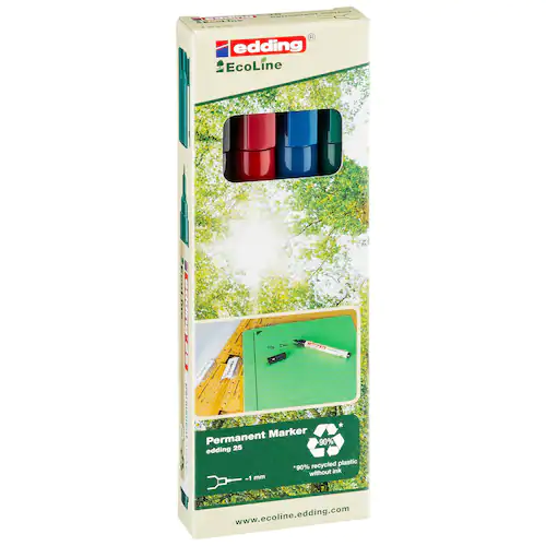 edding Permanent märkpenna, 25 EcoLine, kulspets, 1 mm linjebredd, förpackning med 4 olika färger, svart, röd. Blå, grön