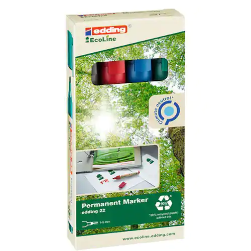 edding Märkpenna 22 EcoLine permanent snedskuren spets, 1–5 mm, olika färger: Svart, röd, blå, grön